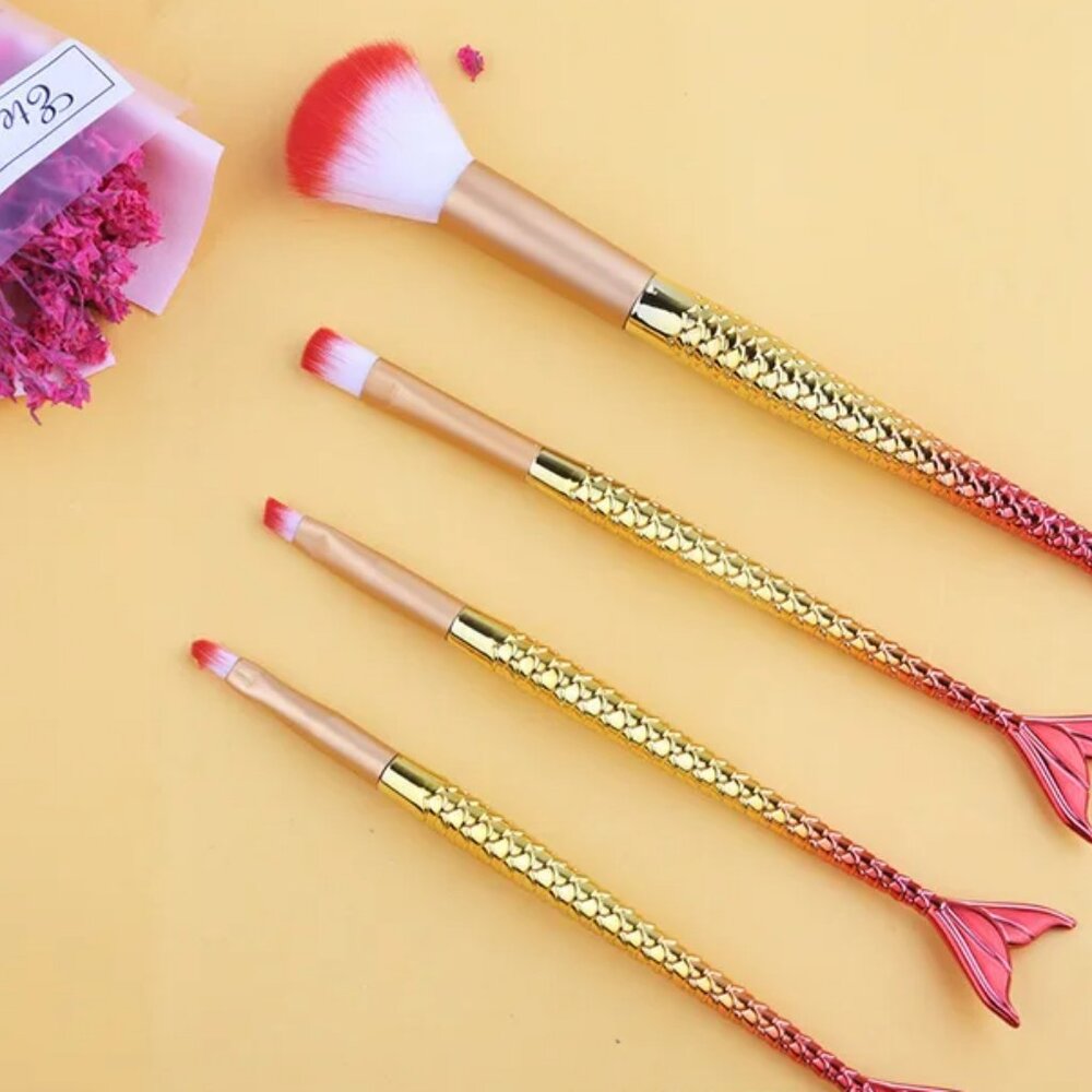 4-piece Gold & Red Metallic Mermaid Makeup Brush Set